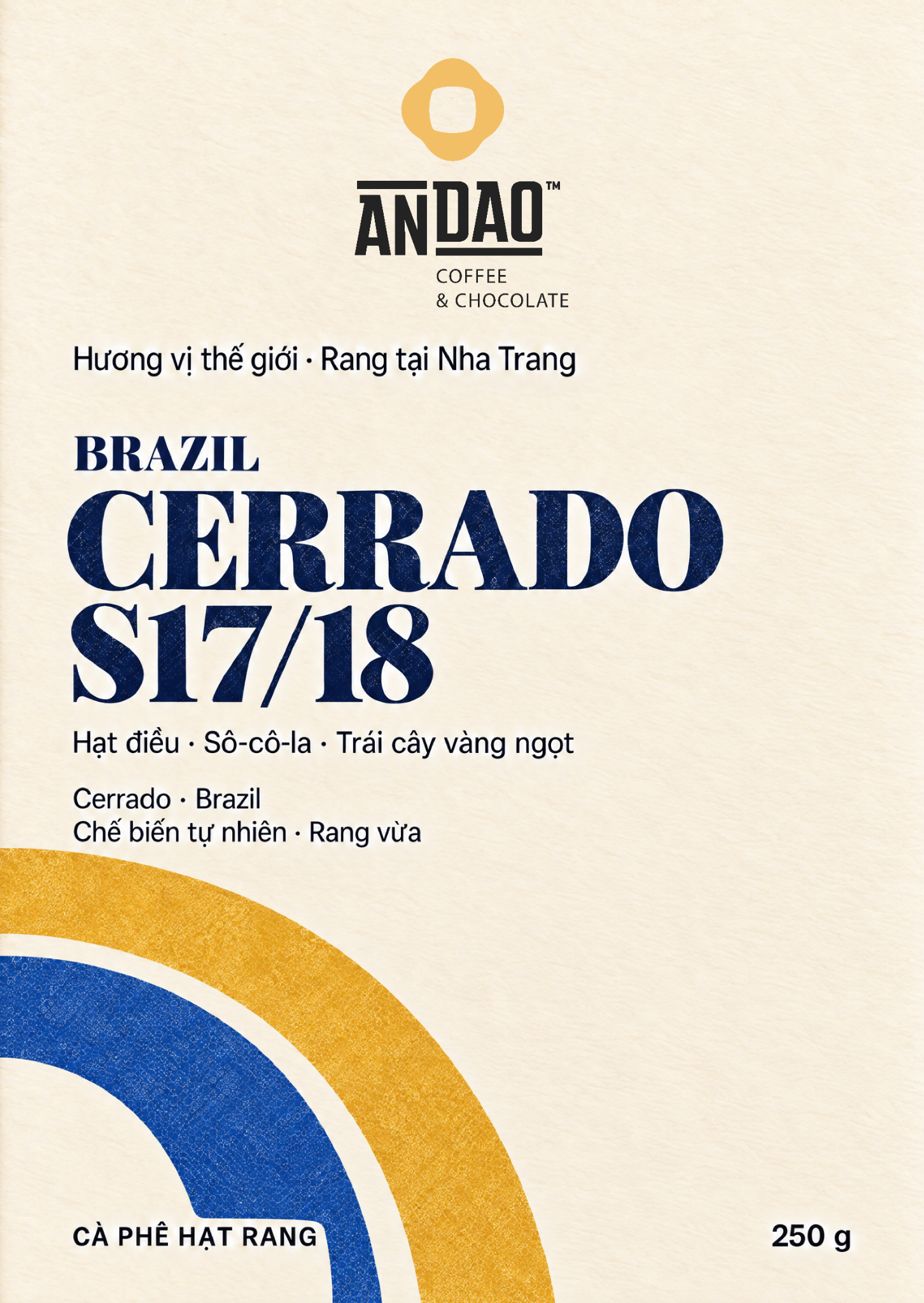 Front label of ANDAO Brazil Cerrado S17/18 roasted coffee beans, 250 g