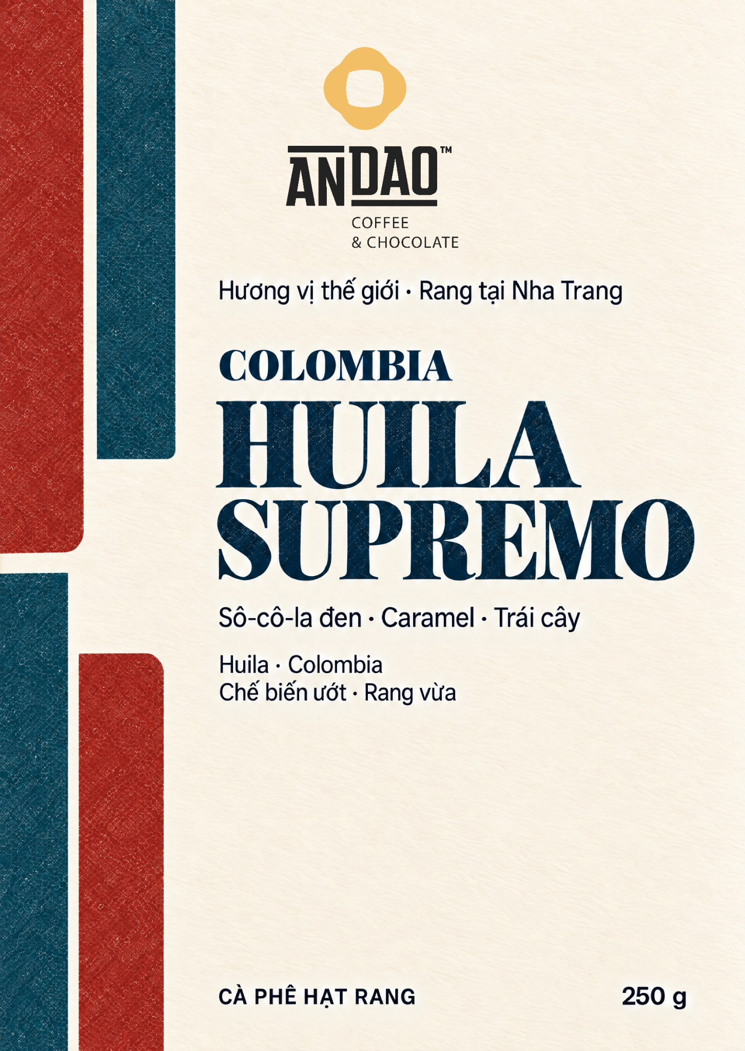 Front label of ANDAO Colombia Huila Supremo roasted coffee beans, 250 g