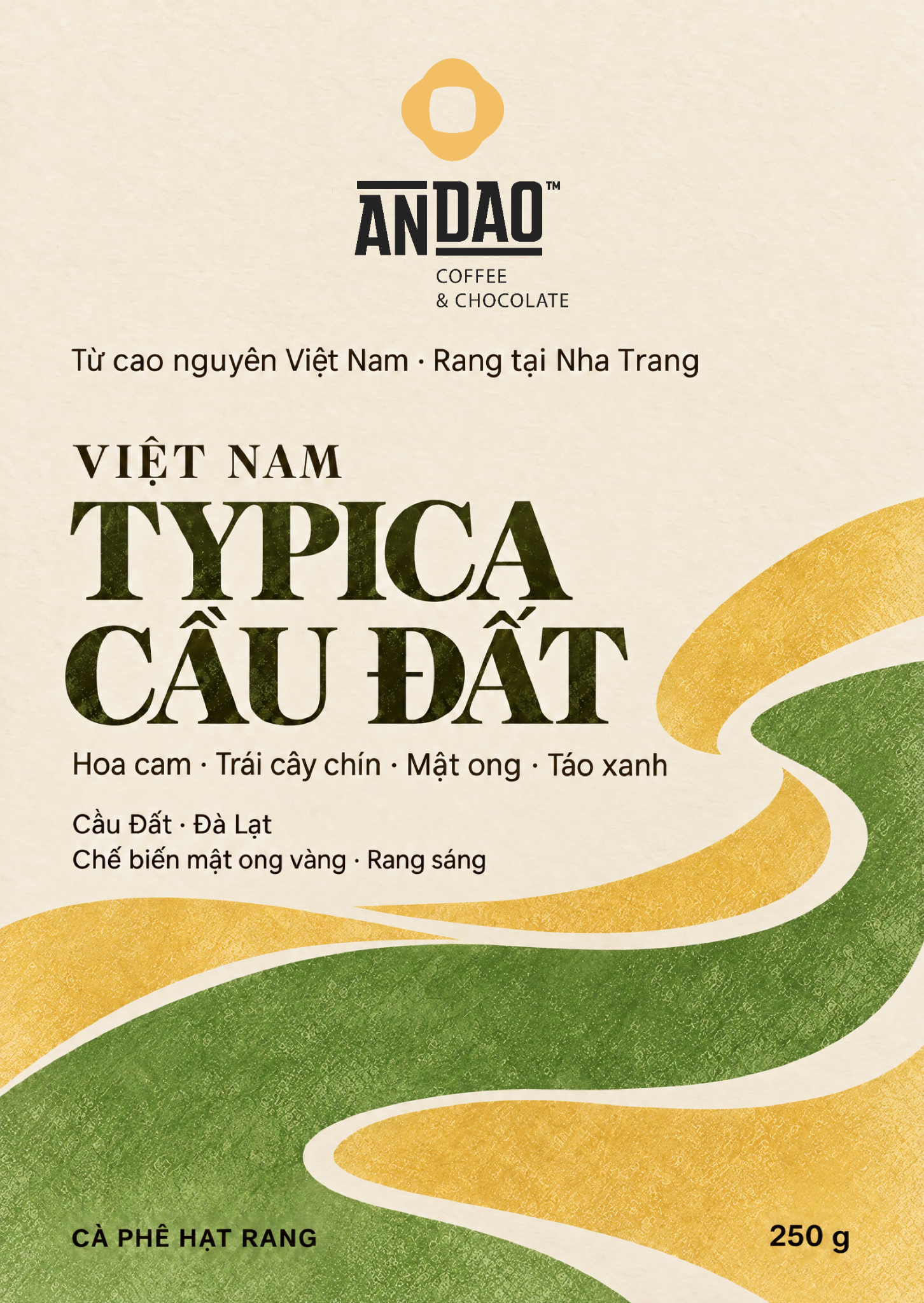 Front label of ANDAO Typica Cầu Đất roasted coffee beans, 250 g