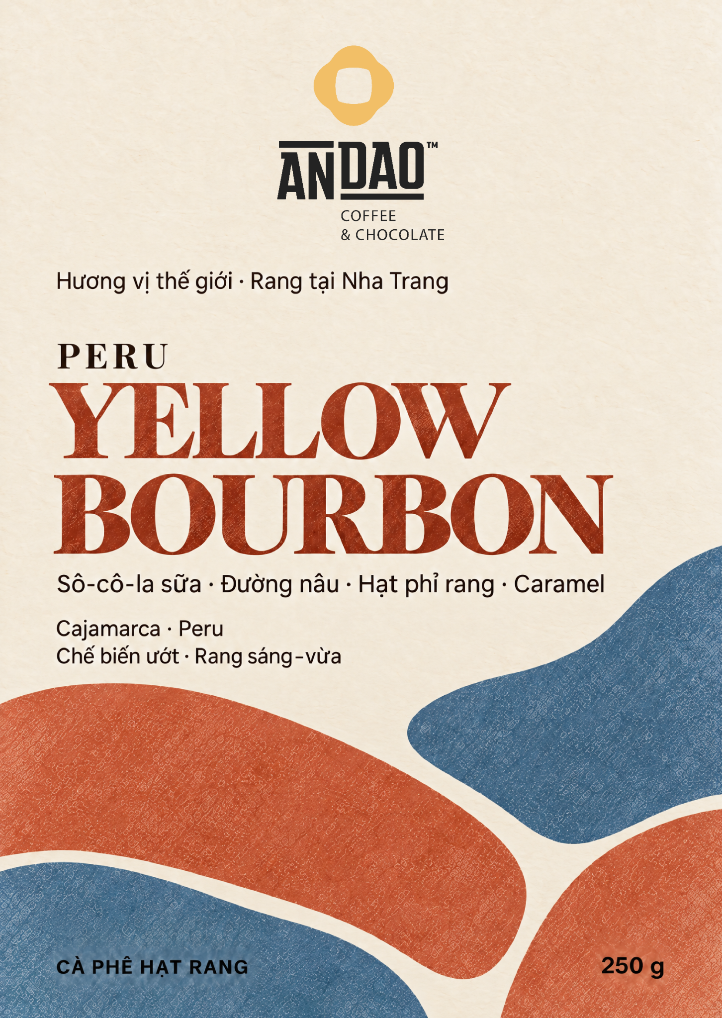 Front label of ANDAO Peru Yellow Bourbon roasted coffee beans, 250 g