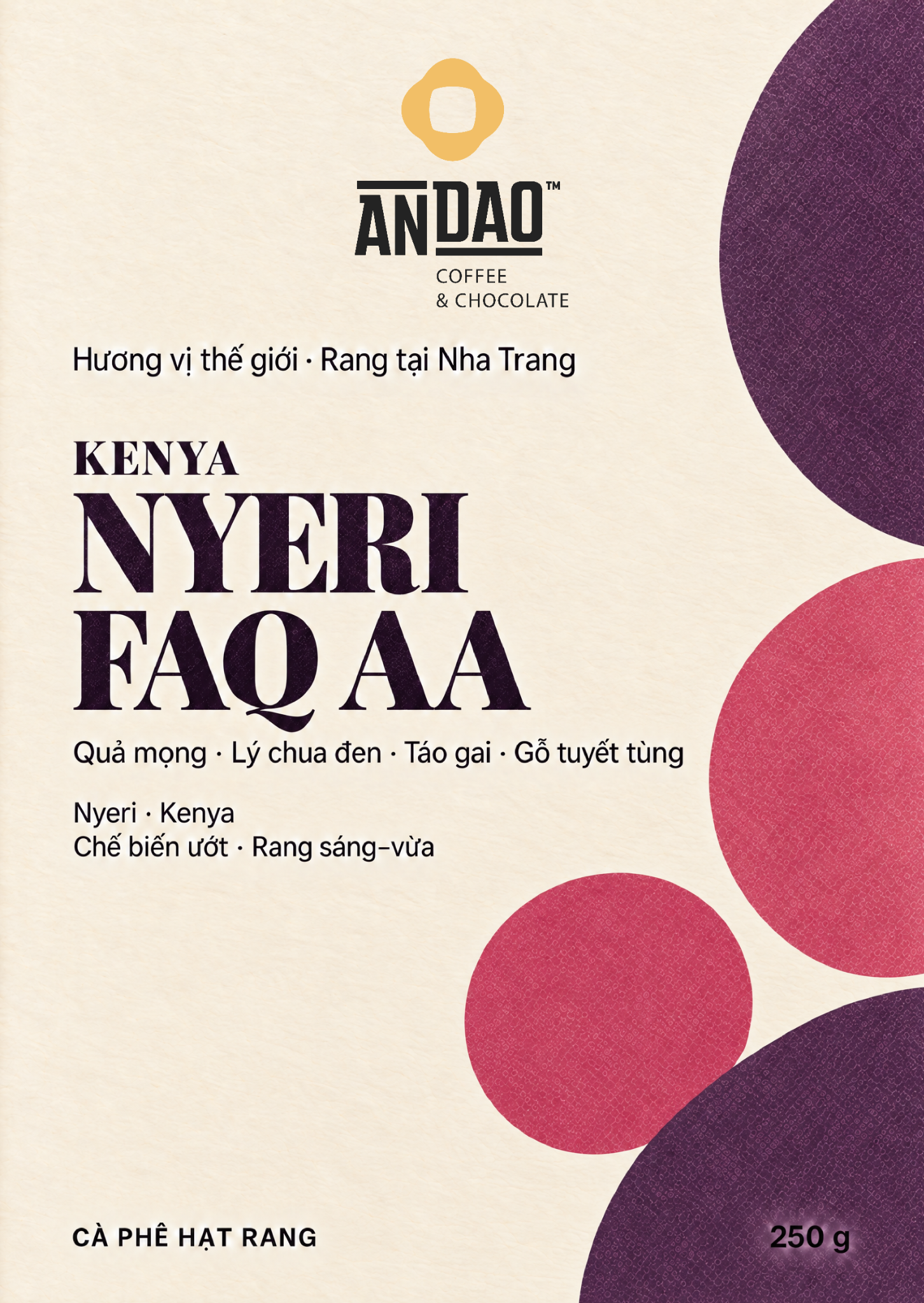 Front label of ANDAO Kenya Nyeri FAQ AA roasted coffee beans, 250 g