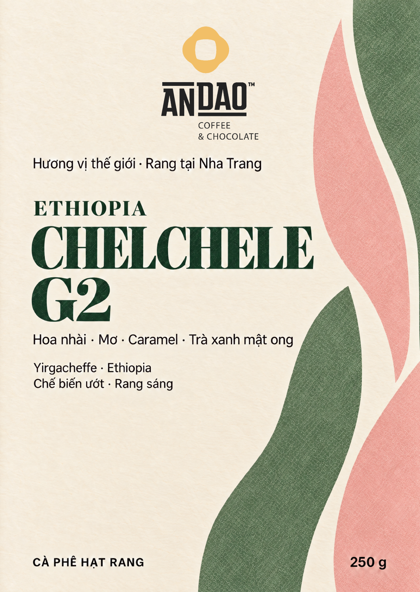 Front label of ANDAO Ethiopia Chelchele G2 roasted coffee beans, 250 g