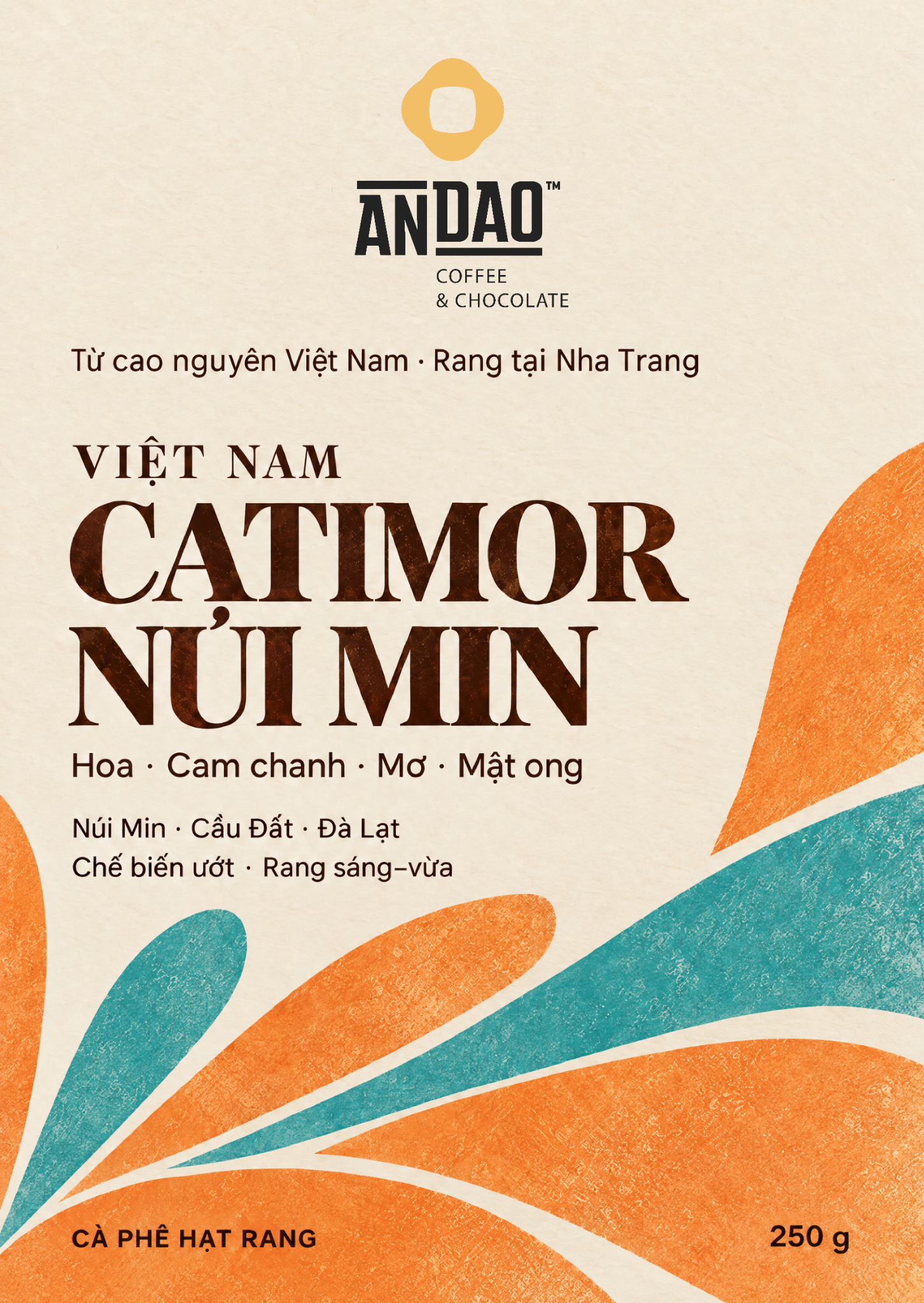 Front label of ANDAO Catimor Núi Min roasted coffee beans, 250 g