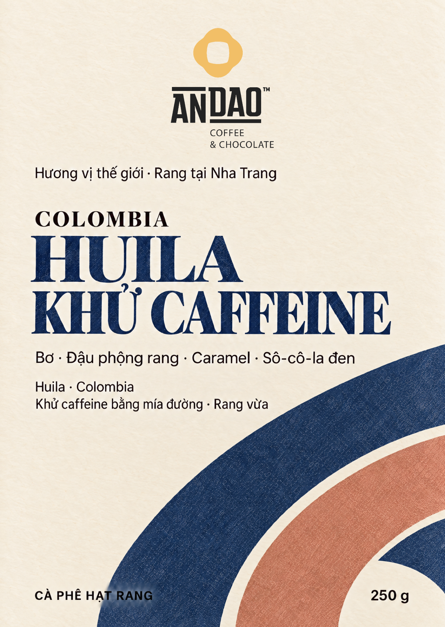 Front label of ANDAO Colombia Huila Decaf roasted coffee beans, 250 g